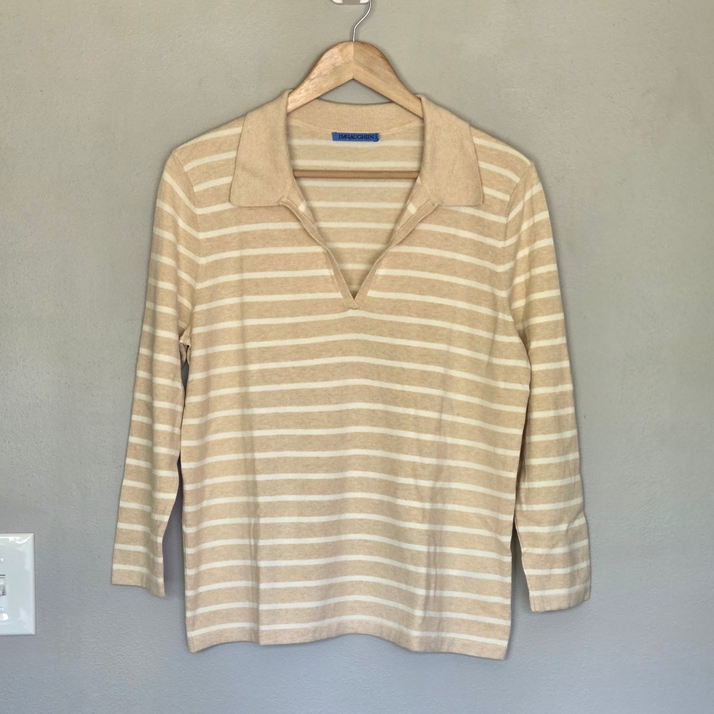 J McLaughlin Striped Polo Sweater Size L Neutral Preppy Capsule Minimalist